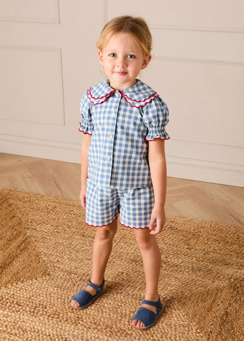Darby Gingham Scallop Layered Collar Short Sleeve Blouse in Blue (18mths-12yrs)