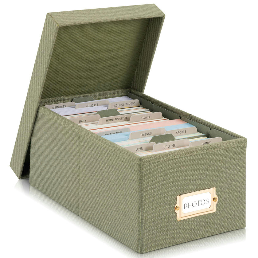 Decorative Photo Storage Box - Sturdy Linen Photo Organizer with Dividers - Stores Up to 850 4x6 Photos - Portable Scrapbook Storage Container with Lid