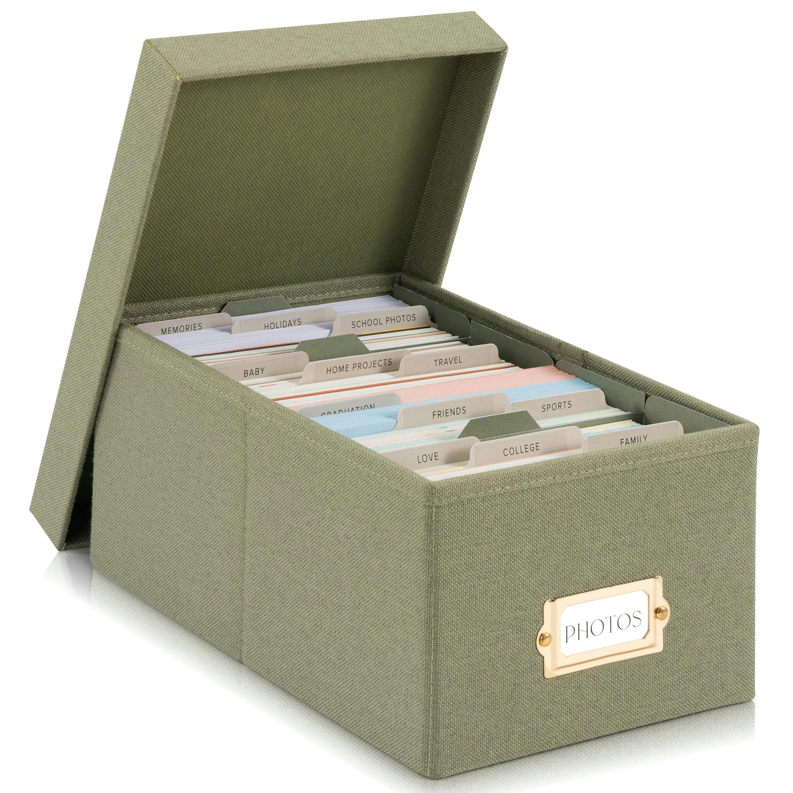 Decorative Photo Storage Box - Sturdy Linen Photo Organizer with Dividers - Stores Up to 850 4x6 Photos - Portable Scrapbook Storage Container with Lid