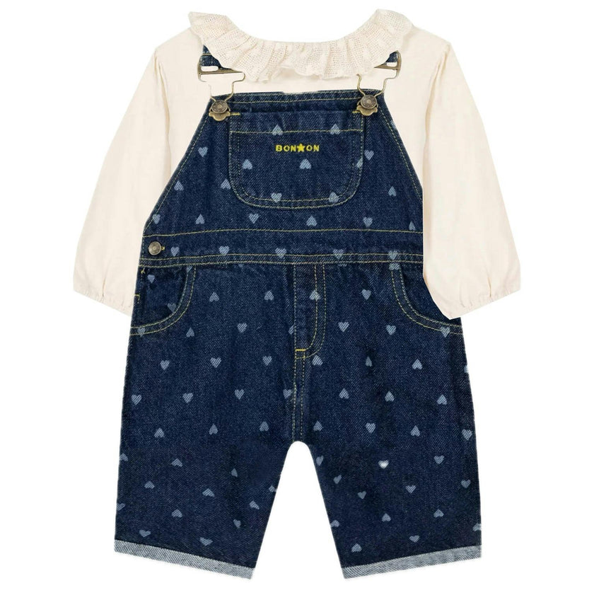 BONTON Puzzle Overalls Set - Denim Hearts