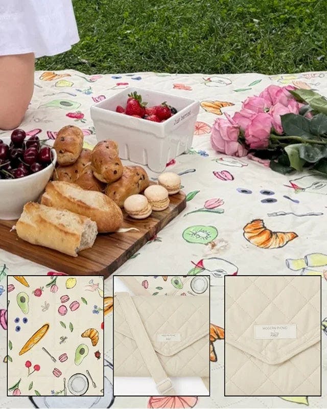 Cream Quilted Fold Up Picnic Blanket with Floral Picnic Print