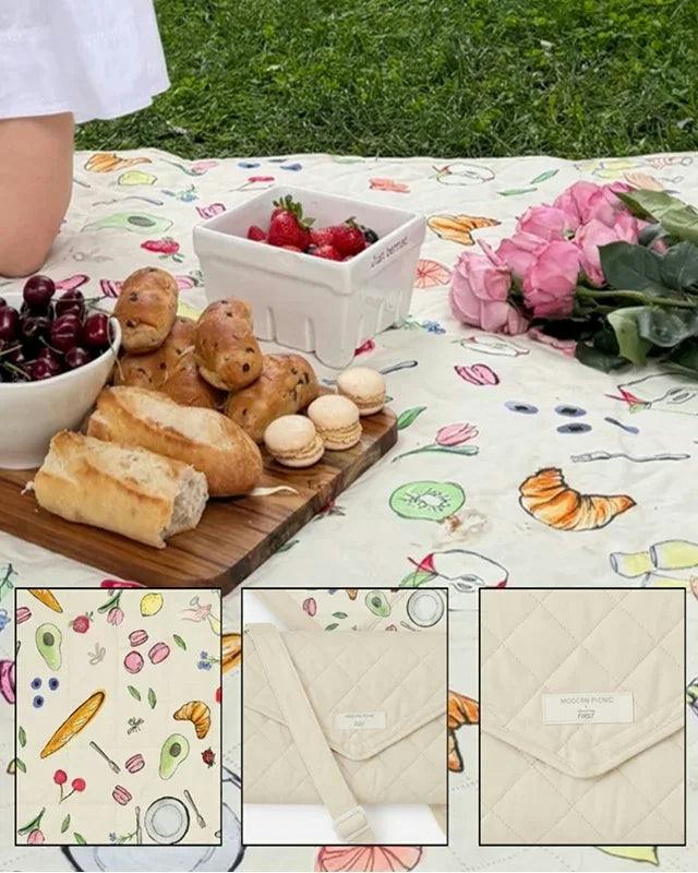 Cream Quilted Fold Up Picnic Blanket with Floral Picnic Print