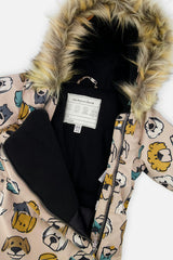 Baby One Piece Snowsuit Adapted For Car Seats Beige Dog Print
