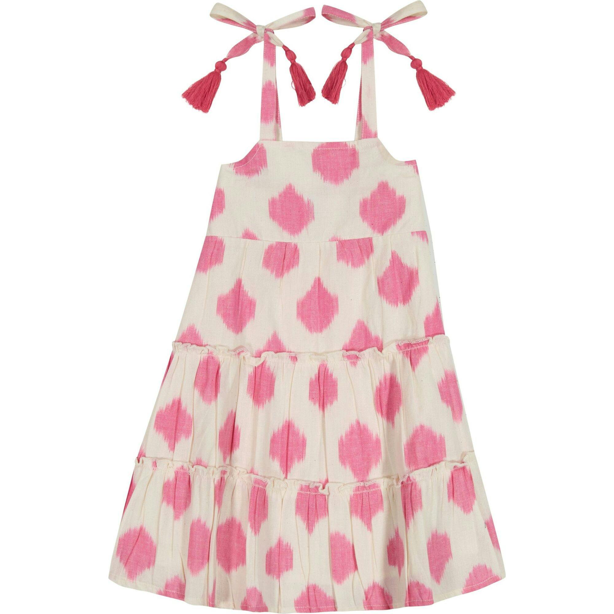 Bella Girl's Shoulder Tie Sundress White Pink Ikat, White