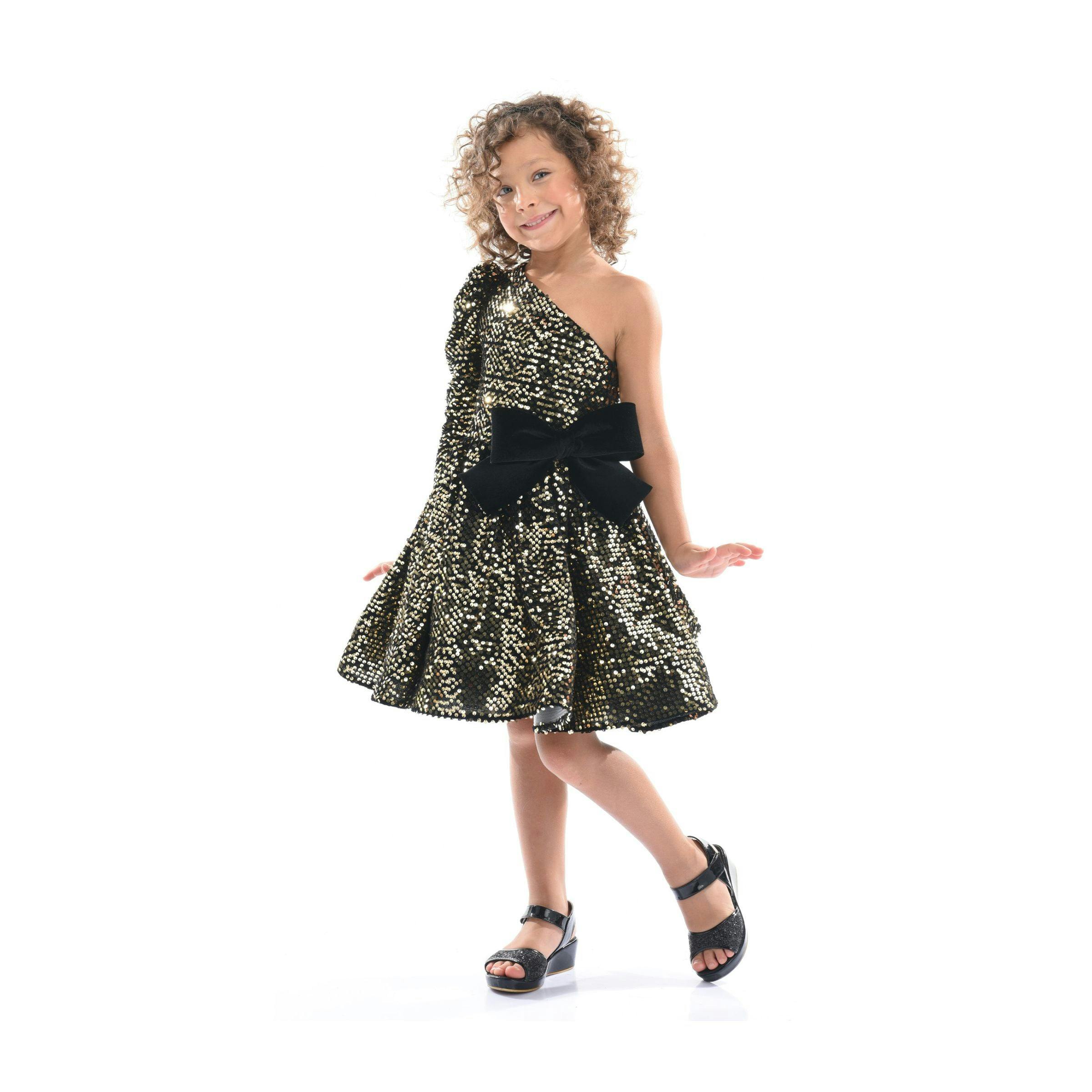 Black Gold Sequin Bow Zoria Dress