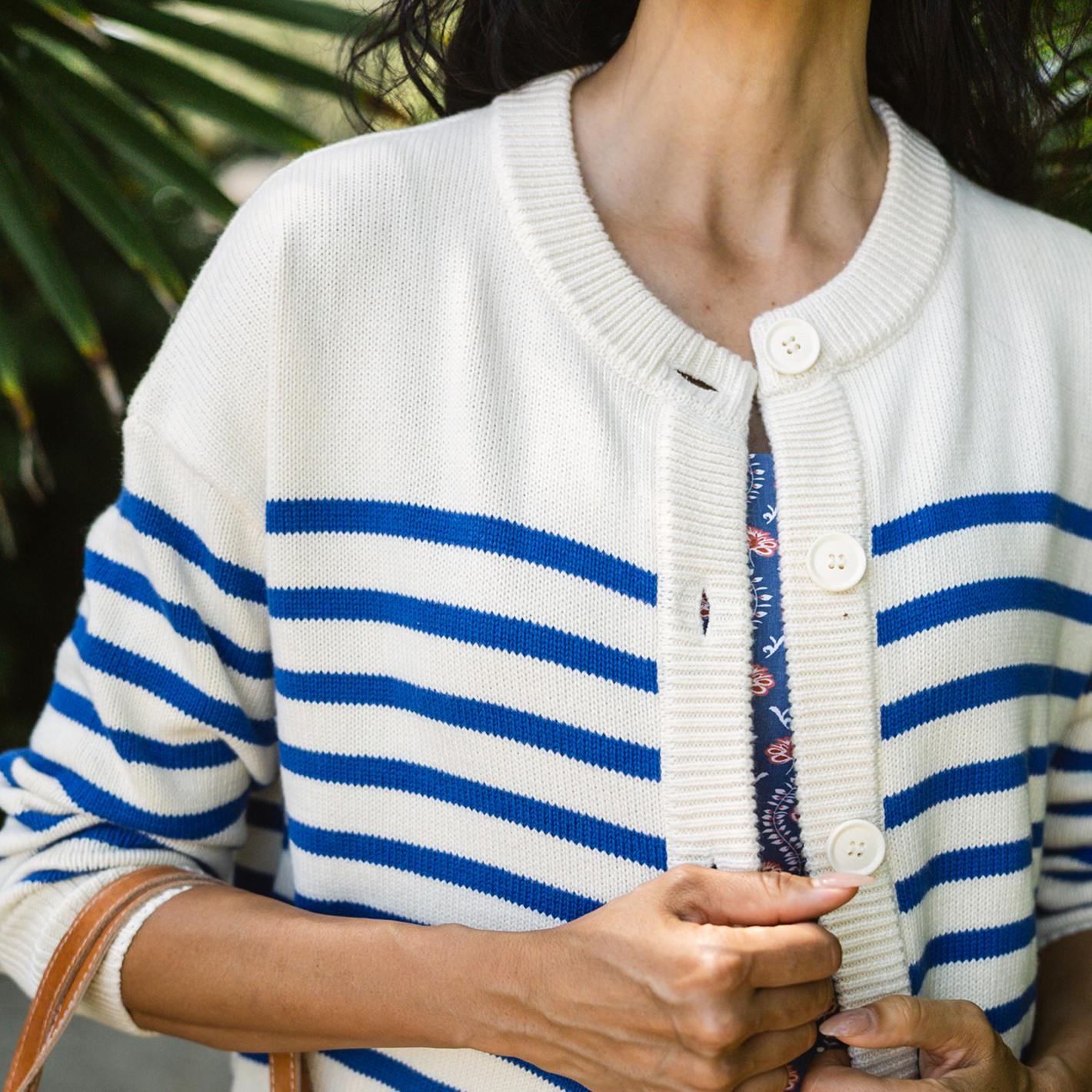 Women's Cream And Blue Stripe Knit Cardigan