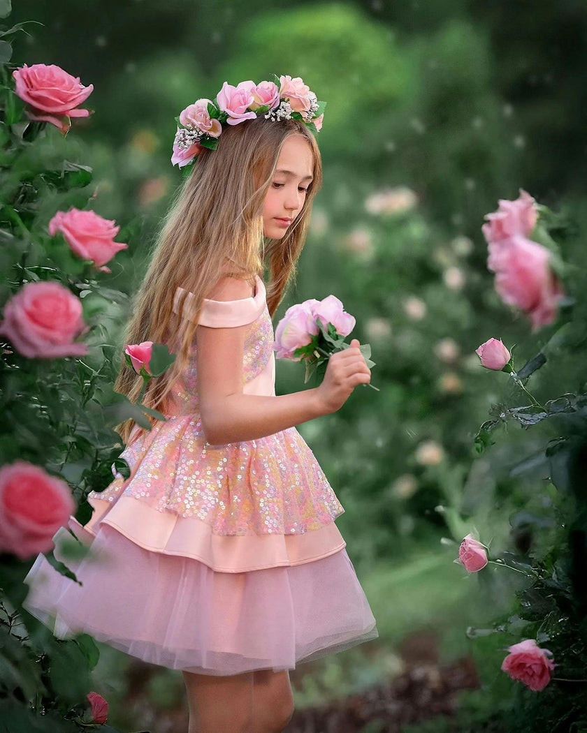 Rosy Bloom Off-Shoulder Sequin Birthday Dress for Girls