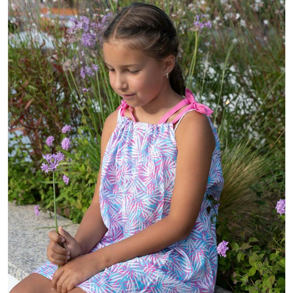 Tropical Palms Pink Shoulder Tie Dress