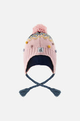 Winter Peruvian Knit Hat With Pompom Pink And Blue Jacquard