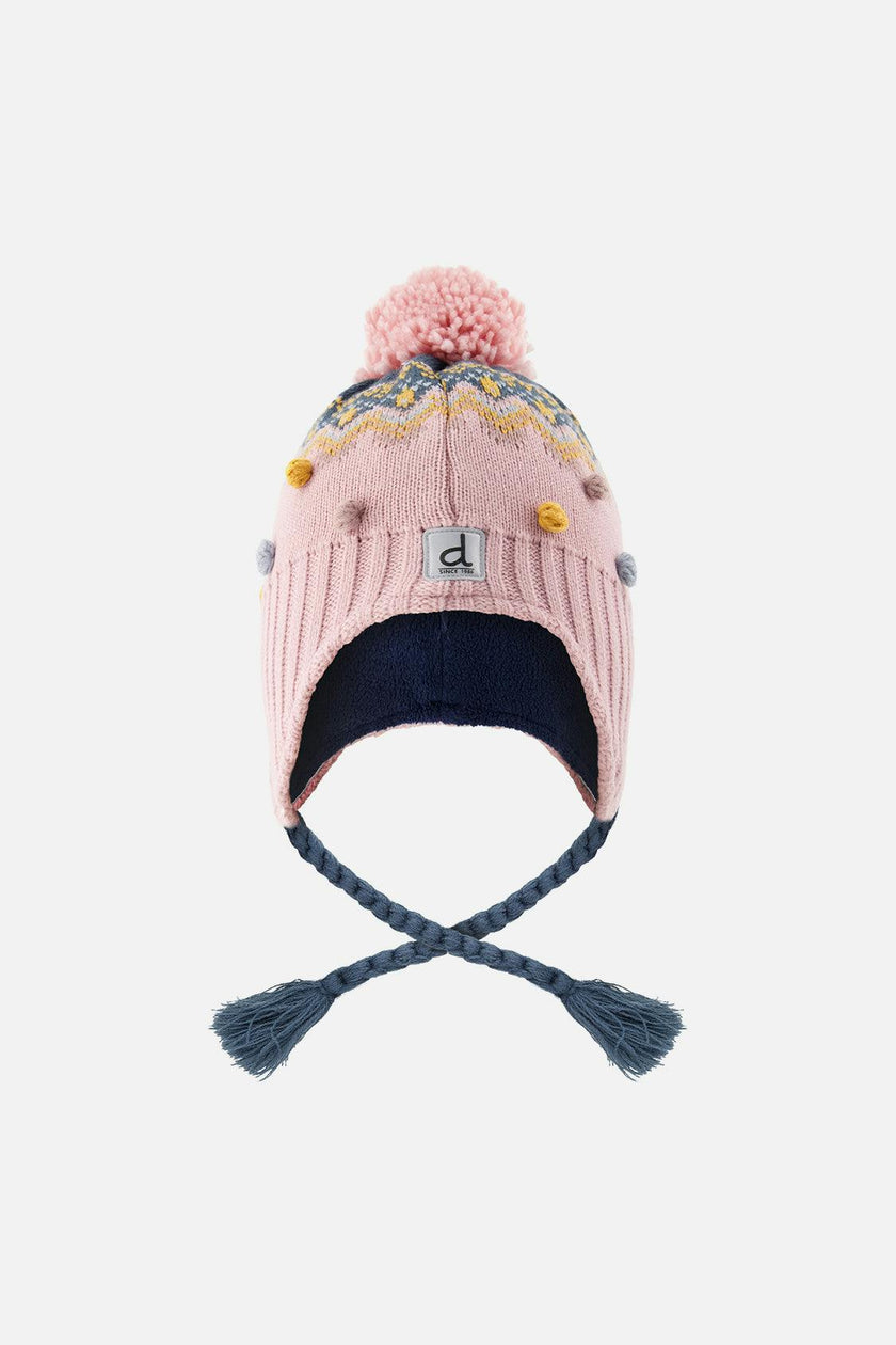 Winter Peruvian Knit Hat With Pompom Pink And Blue Jacquard