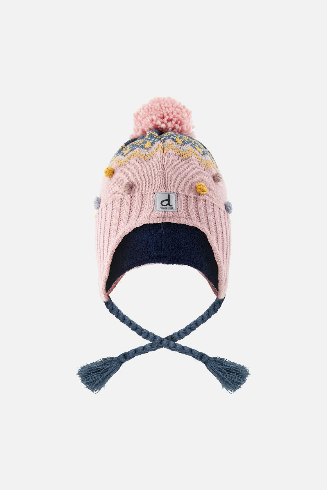 Winter Peruvian Knit Hat With Pompom Pink And Blue Jacquard