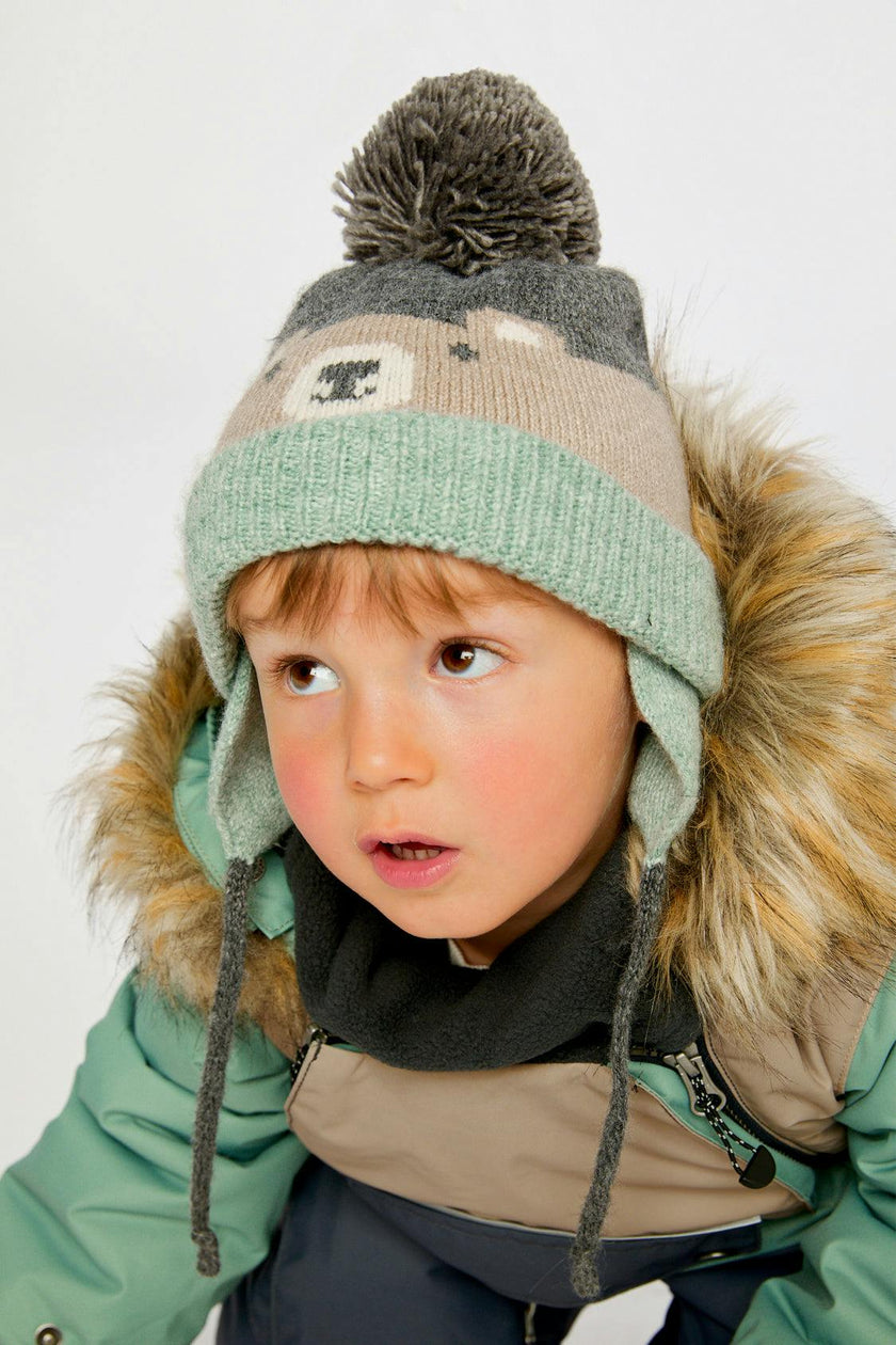 Winter Knit Hat With Teddy Bear Face And Ears Beige And Turquoise