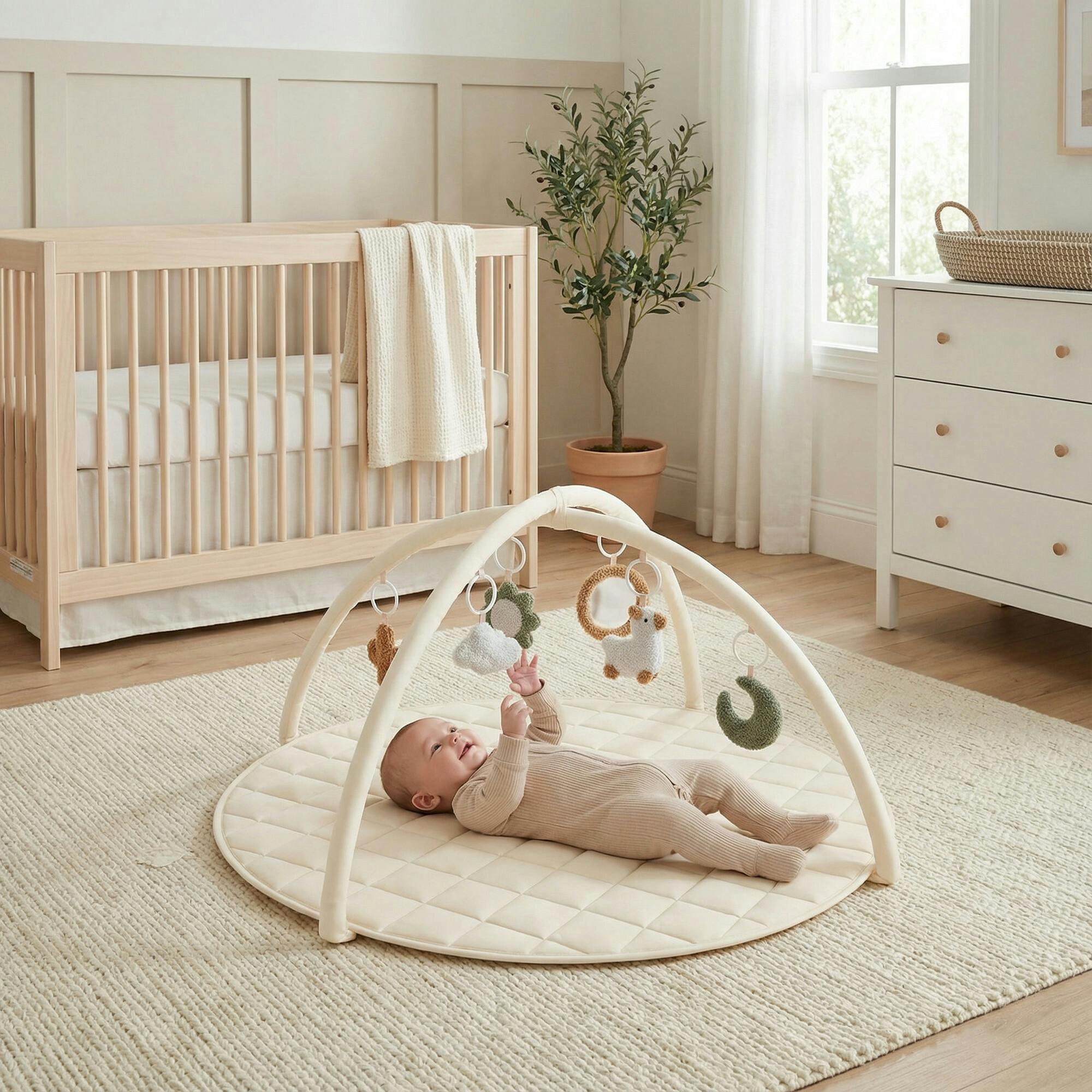 Beautiful Baby Play Gym - Soft Cotton Mat with 6 Cute Toys Creates The Perfect Activity Area for Your Girl/Boy - Stylish Infant Floor Playmat for Playroom
