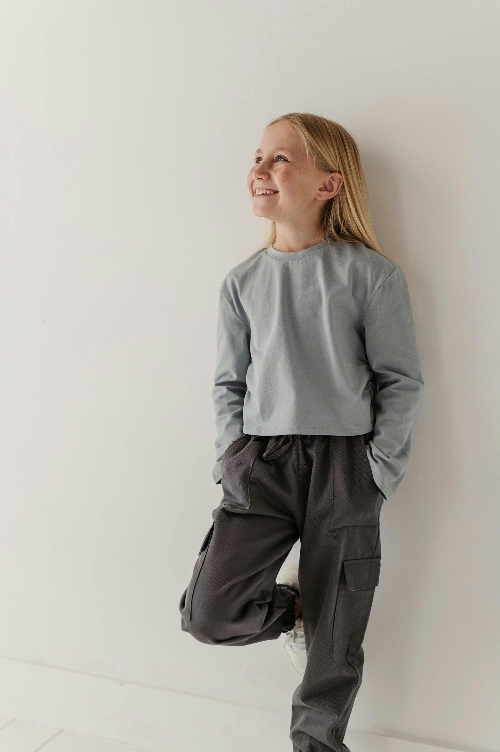 Girls Long Sleeve Shirring Tee in Grayish Blue