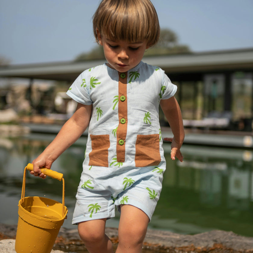 Linen Palm Tree Pocket Baby Romper