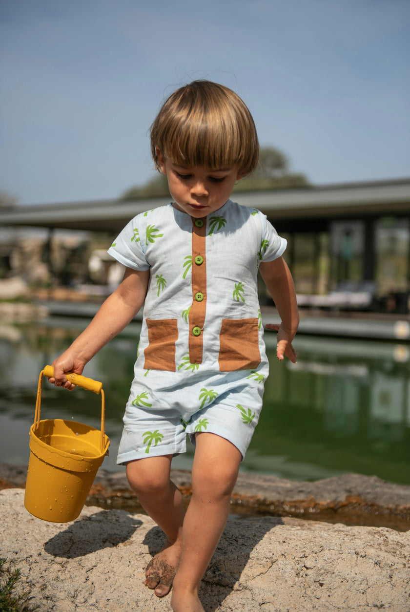 Linen Palm Tree Pocket Baby Romper