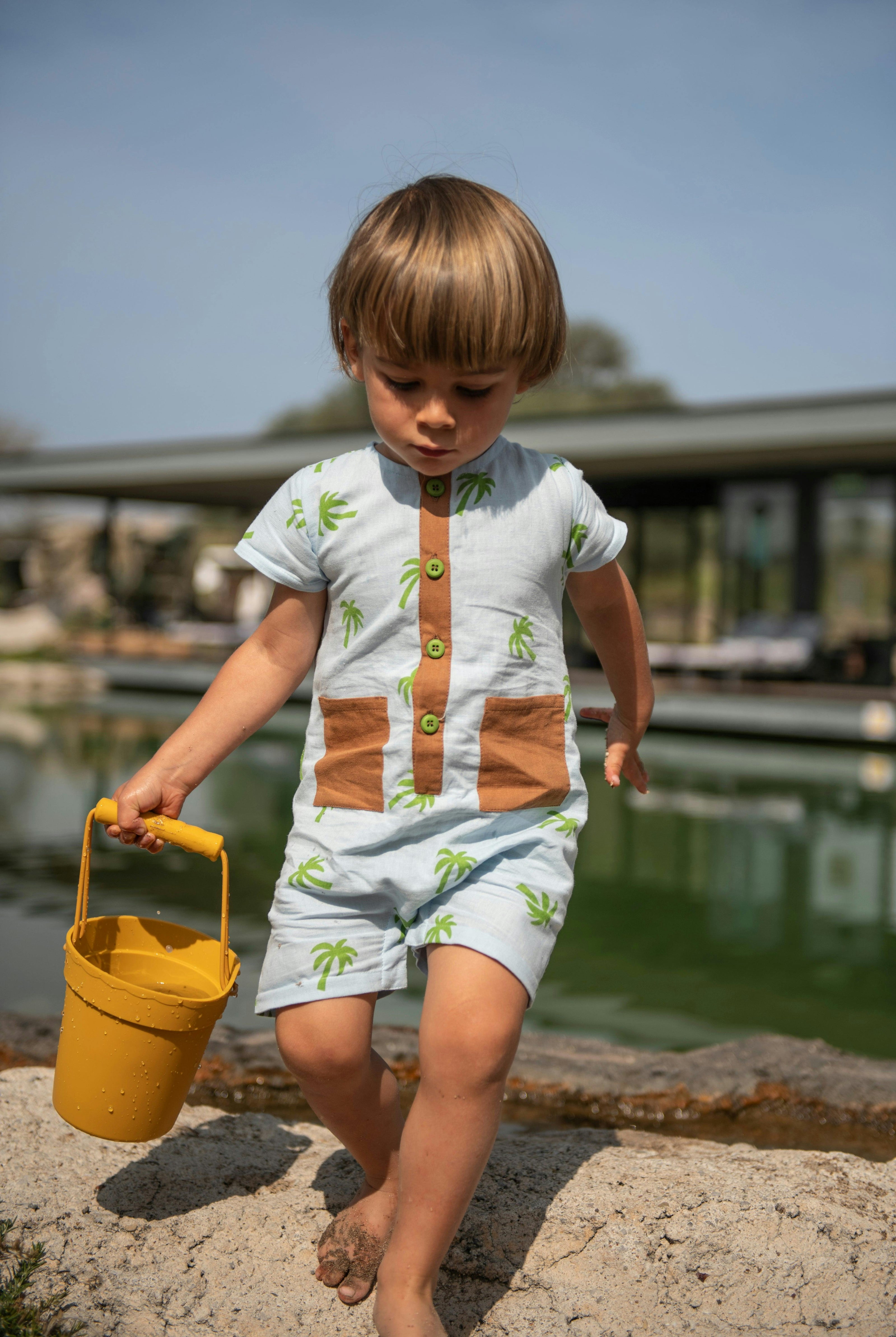 Linen Palm Tree Pocket Baby Romper