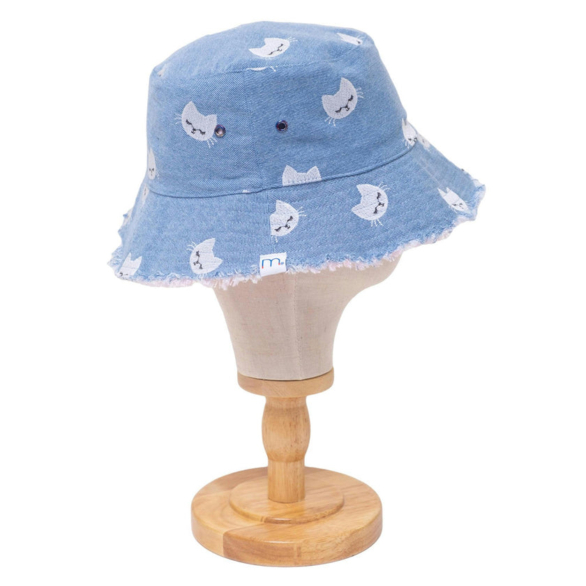 Reversible Kids Denim Bucket Hat – Embroidered Kittens & Pink Canvas Print | Frayed Brim