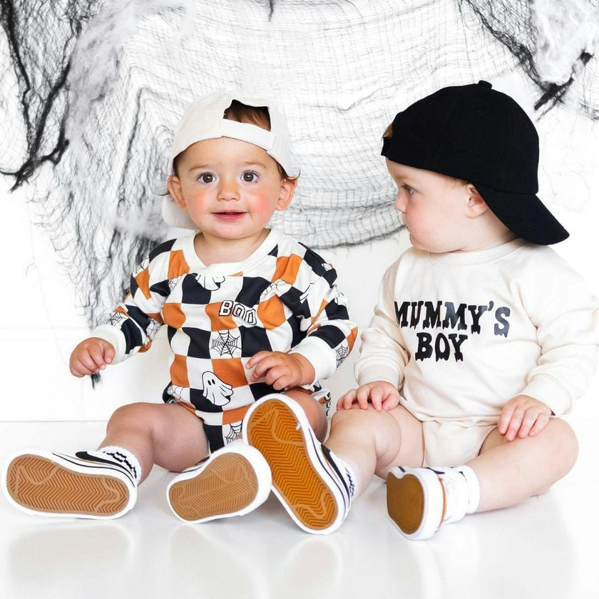 Boo Checkered Halloween Long Sleeve Romper