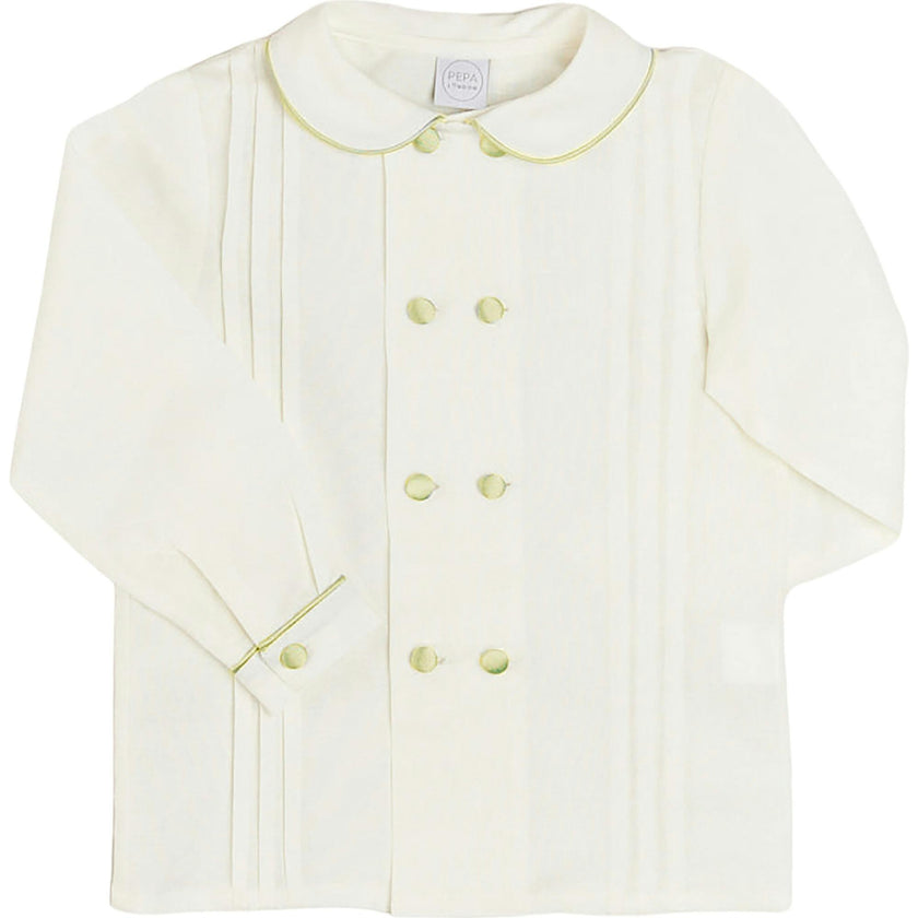 Double-Breasted Peter Pan Collar Shirt with Green Silk Piping (12mths-10yrs)