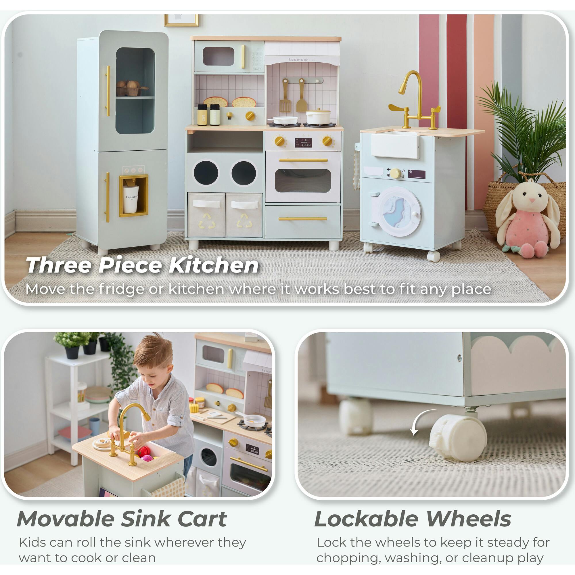 Teamson Kids Little Chef Savannah 3-Pcs Wooden Play Kitchen with 21 Accessories