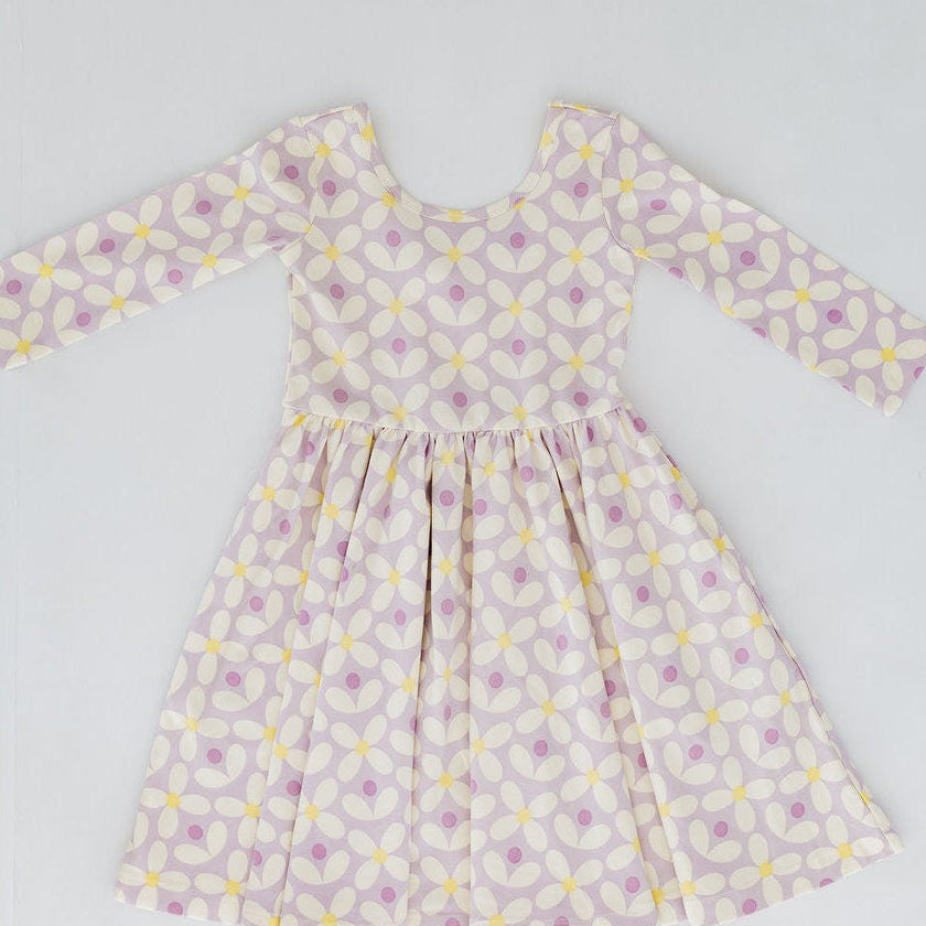 3/4 Sleeve Twirl Dress in Pale Purple Petals