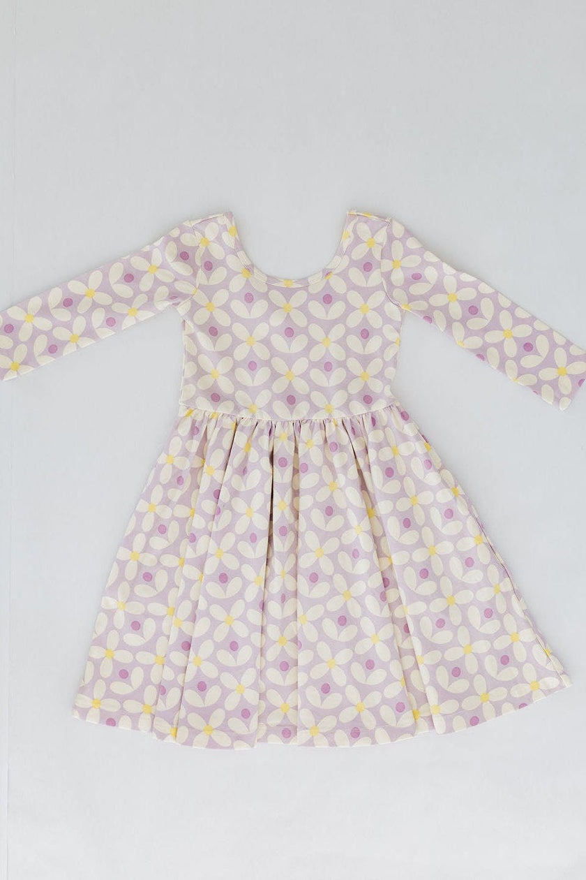 3/4 Sleeve Twirl Dress in Pale Purple Petals