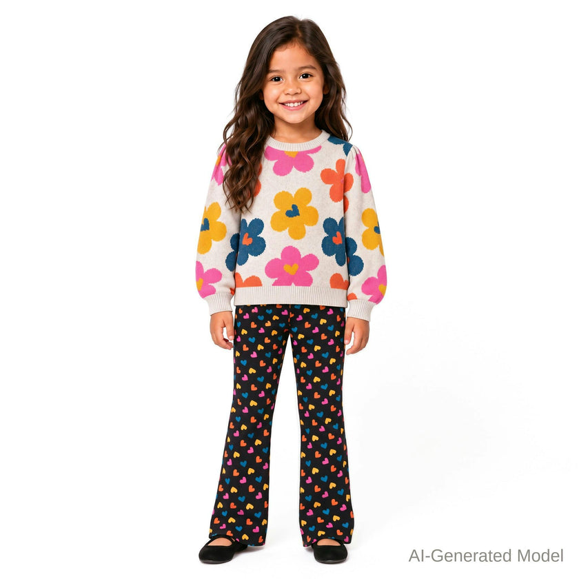 Girls Sweater & Flare Legging Set | Flowers & Hearts