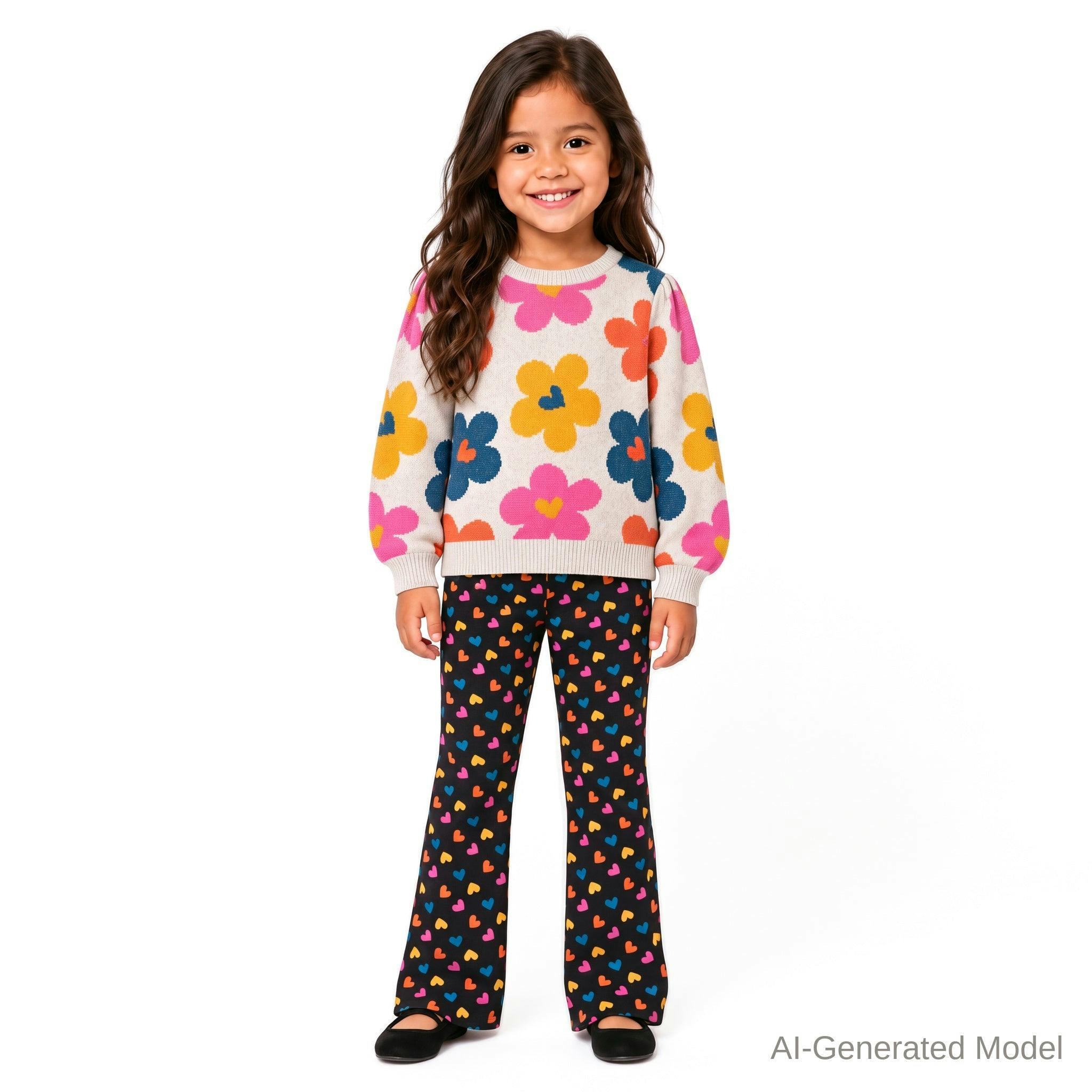 Girls Sweater & Flare Legging Set | Flowers & Hearts