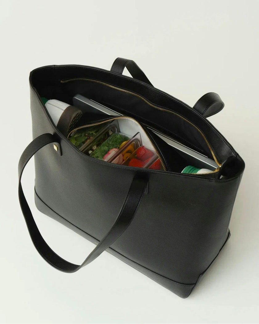 Vegan Leather Work Tote Bag with Removable Insulated Pouch, Black