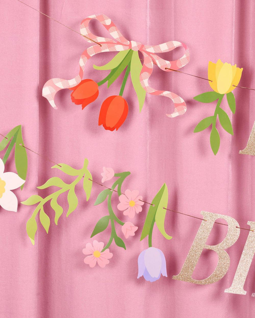 Floral Birthday Banner - gold glitter banner