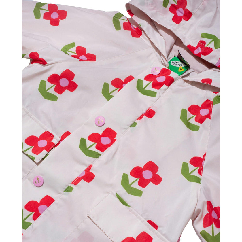 Baby Flower Print Ribbed Cuff Hooded Zipper Raincoat