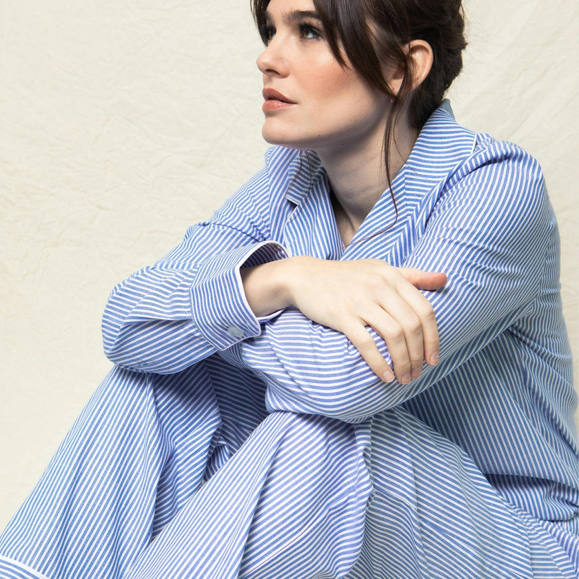 Women's Twill Pajama Set in French Blue Stripes