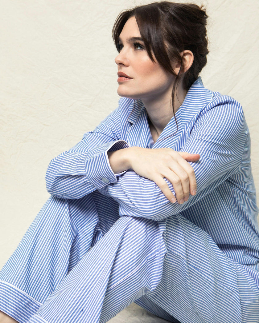 Women's Twill Pajama Set in French Blue Stripes