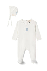Bear Embroidered Snap Front Romper and Bonnet Two Piece Set