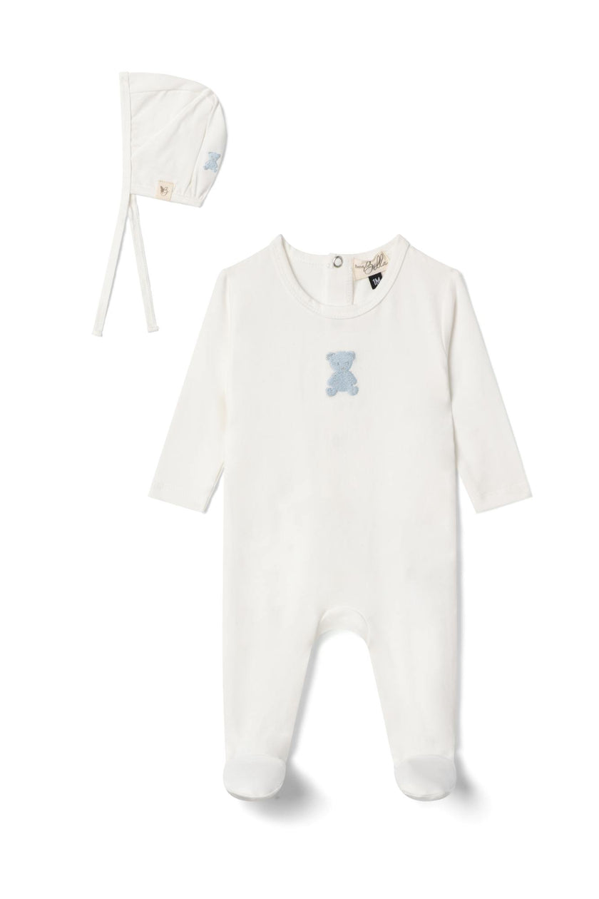 Bear Embroidered Snap Front Romper and Bonnet Two Piece Set