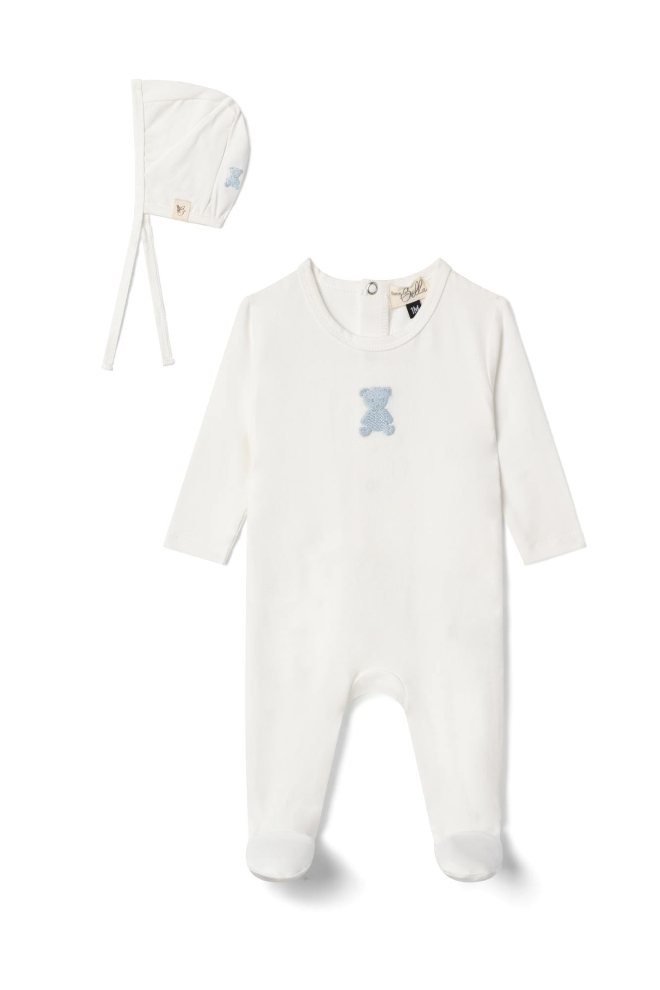 Bear Embroidered Snap Front Romper and Bonnet Two Piece Set