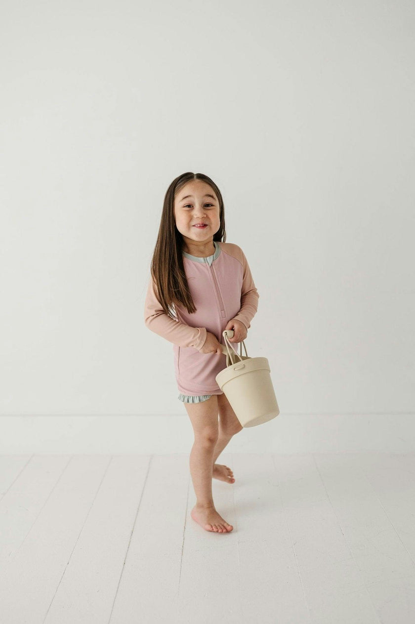 Girls Zip Rash Guard Two-Piece Swimsuit in Mauve Colorblock