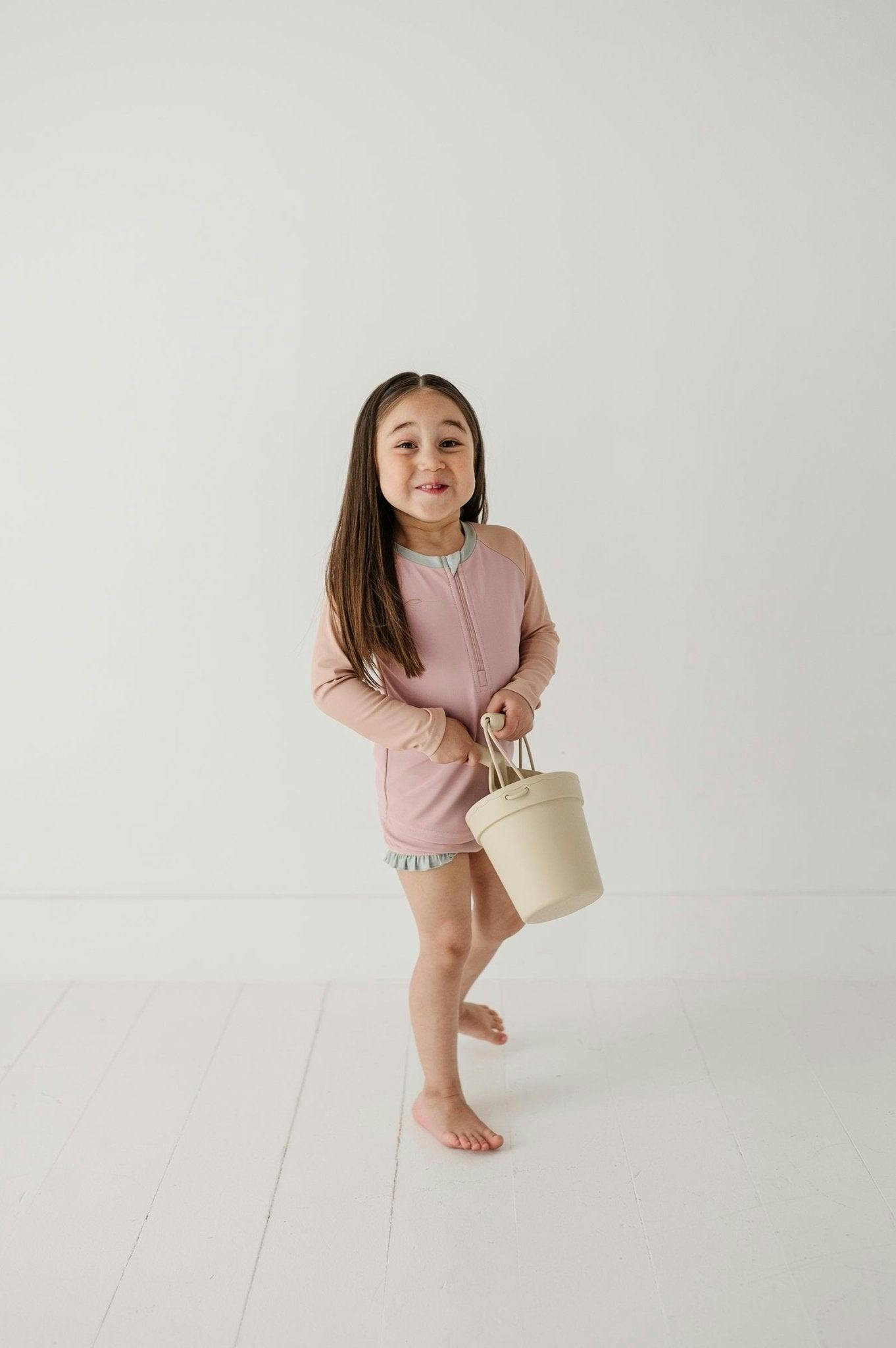 Girls Zip Rash Guard Two-Piece Swimsuit in Mauve Colorblock