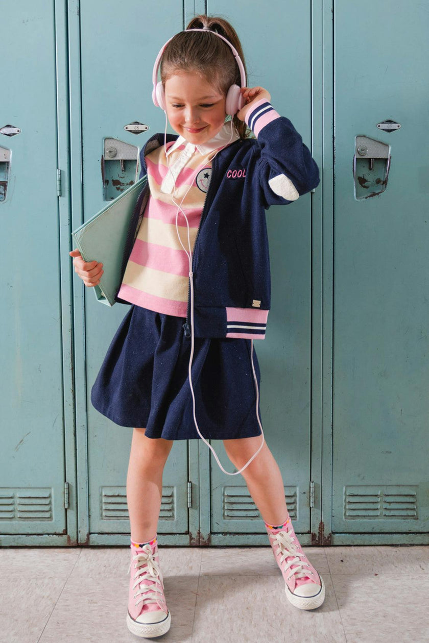 Pleated French Terry Skirt Navy Blue Denim