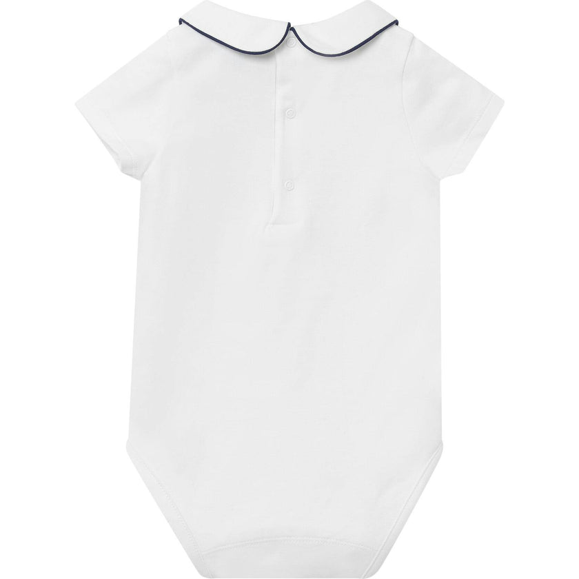 Baby Short-Sleeved Milo Bodysuit in White/Navy