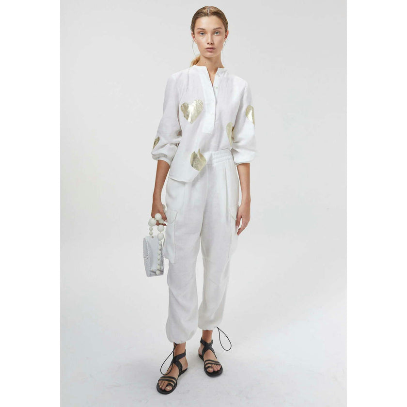 Cupid Linen Shirt - Off-White w/ Gold Hearts