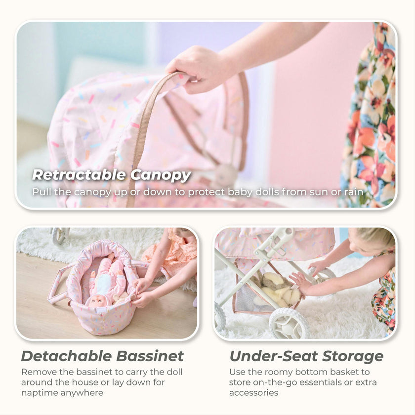 Olivia's Little World Confetti Doll Classic Stroller with Removable Bassinet