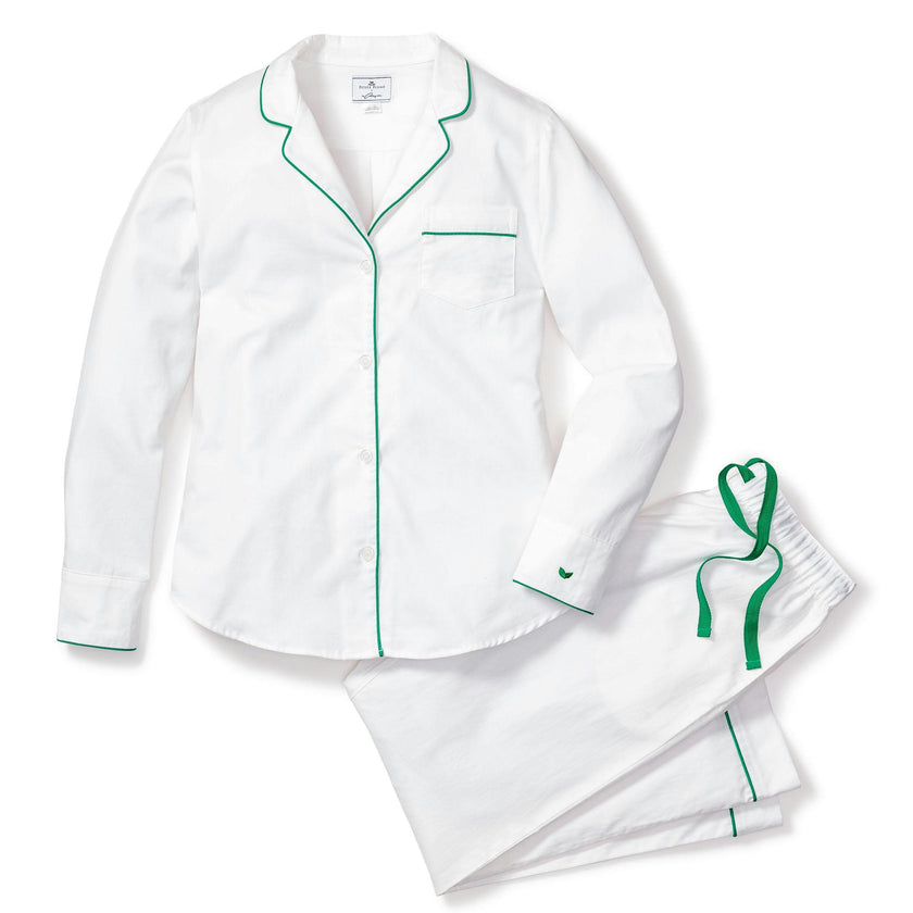 Women's White Twill Pajama Set with Green Piping