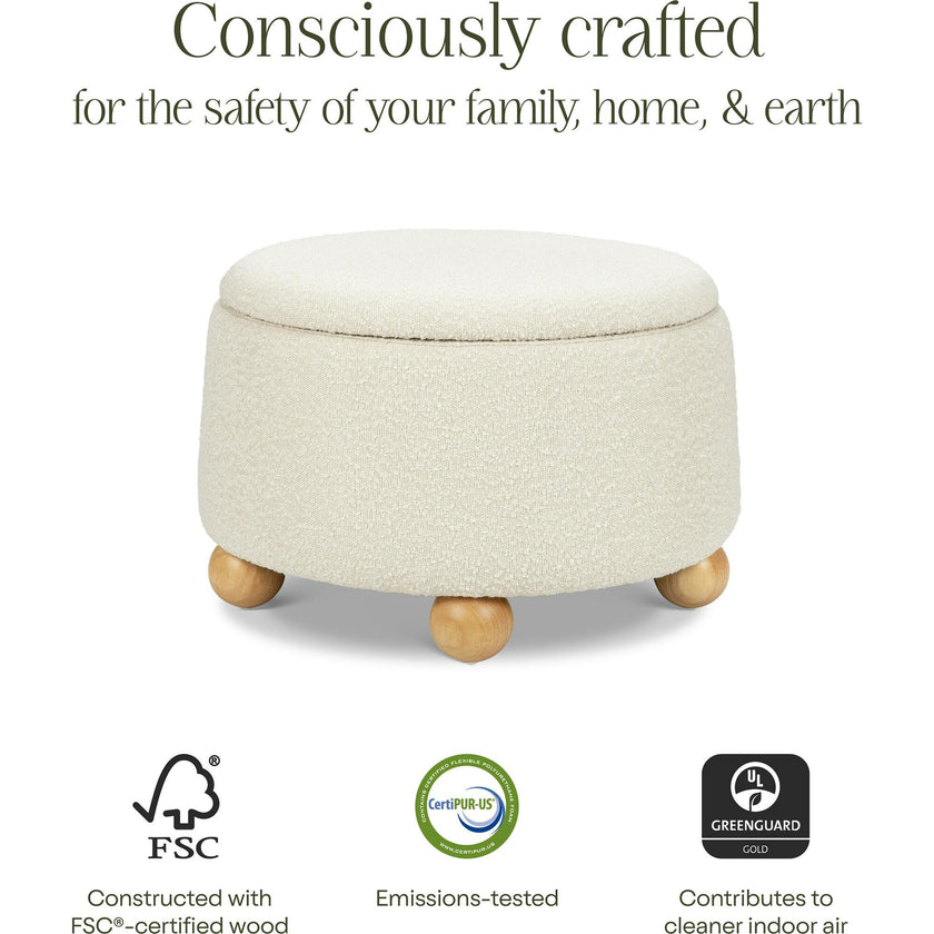 Tuffet Storage Ottoman in Performance Ivory Boucle with Honey Ball Feet