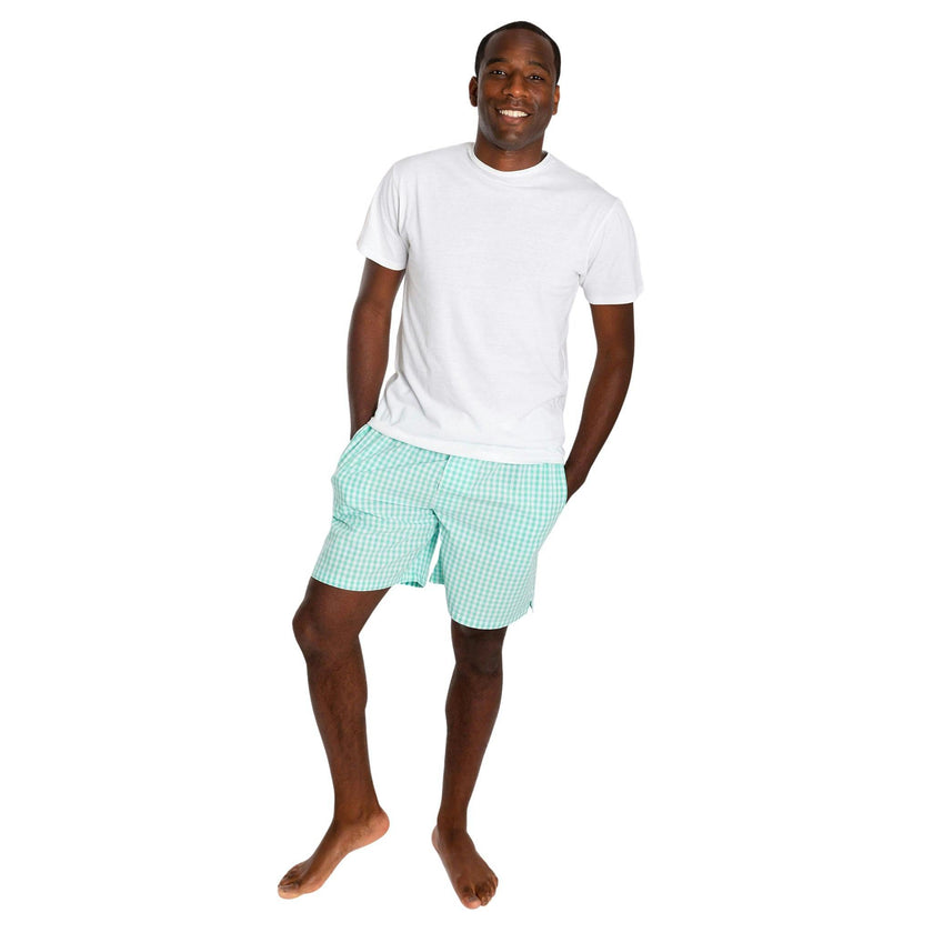 Men's Hepburn Gingham Mint Sleep Shorts - Organic Cotton Poplin