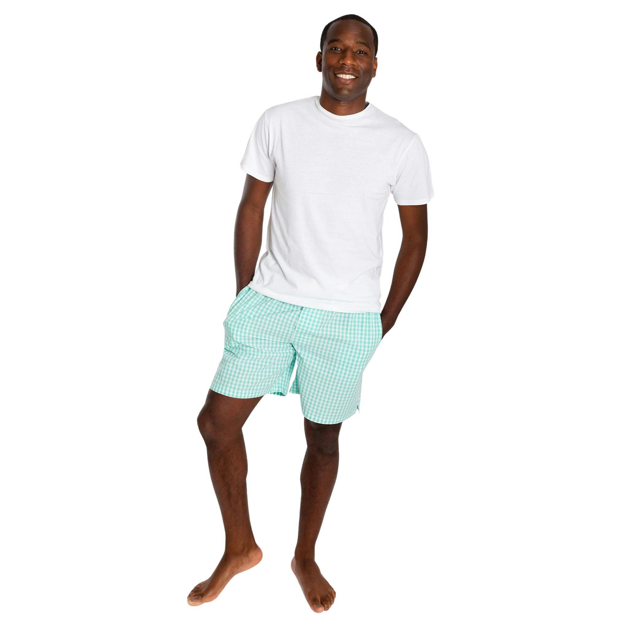 Men's Hepburn Gingham Mint Sleep Shorts - Organic Cotton Poplin