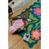 Green Base Pink Floral Wavy Rug by Jessica Miller