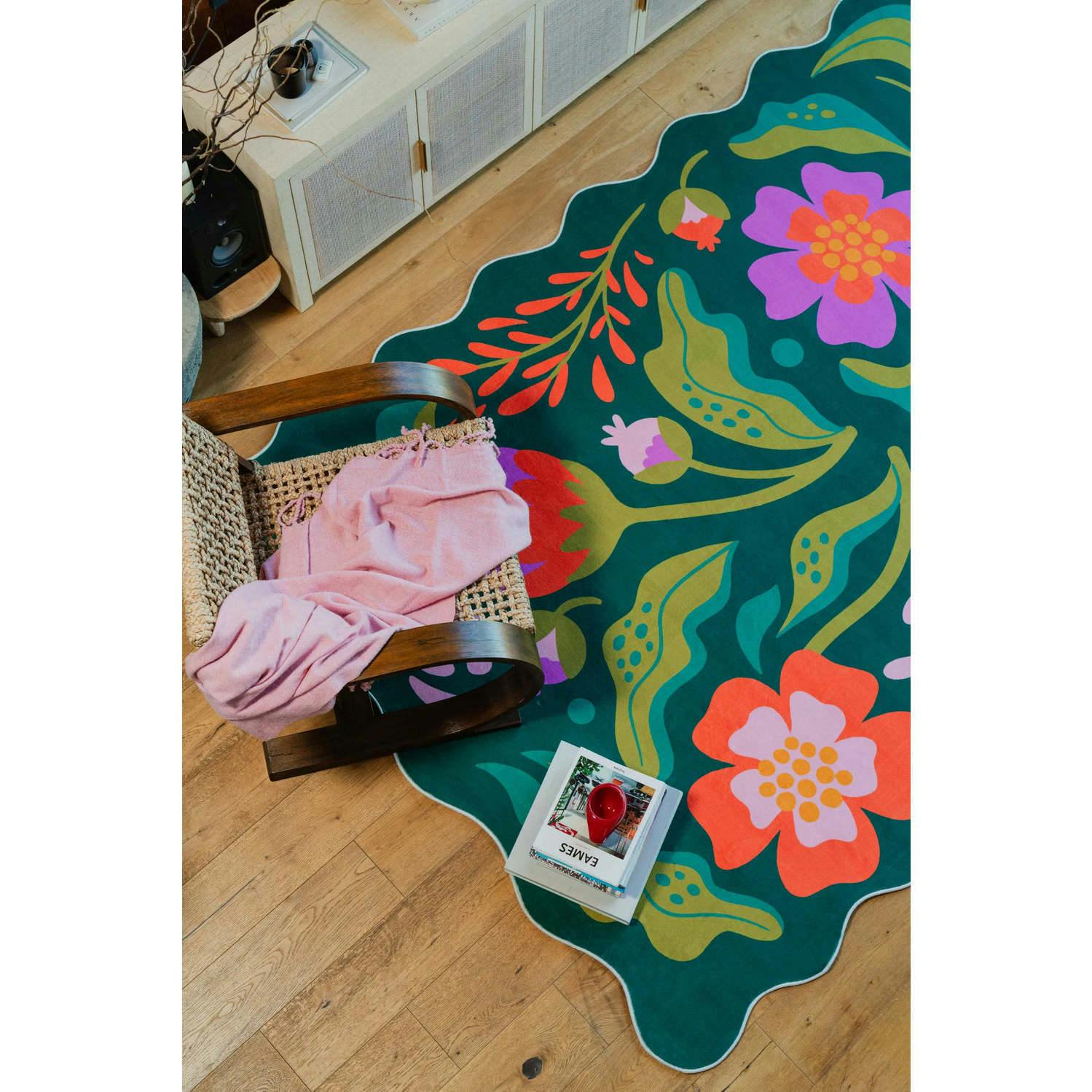 Green Base Pink Floral Wavy Rug by Jessica Miller