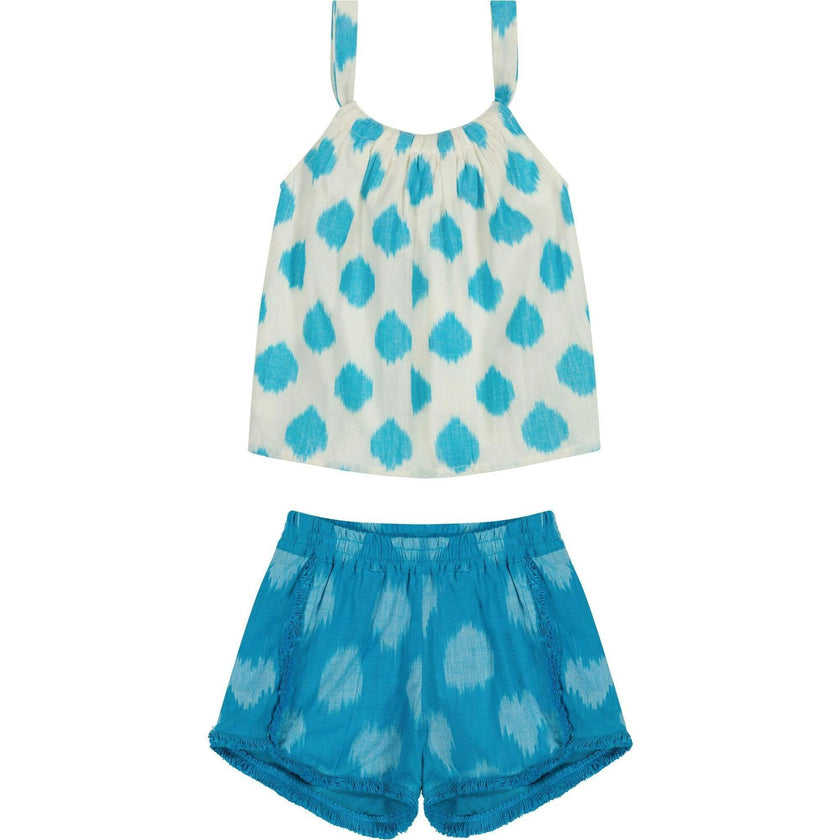 Colette Girl's Top and Short Set Aqua Cerulean Ikat, Blue